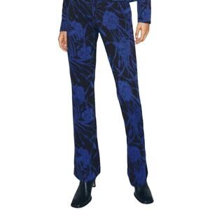 Zara Flared Pants High Floral Stretch Elastic Waist Black Blue Small NWOT